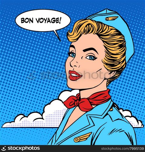 Bon voyage stewardess tourism travel flight pop art retro style. Business concept success. Profession uniform beauty. Bon voyage stewardess tourism travel flight