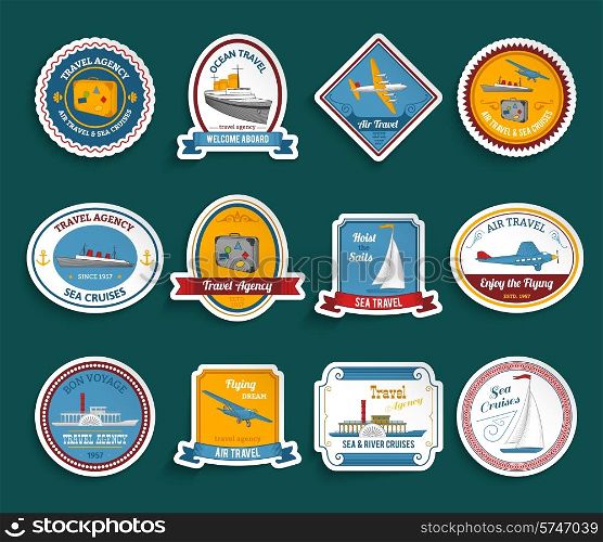 Bon voyage travel agency flying dream air and sea cruises stickers collection color abstract isolated vector illustration