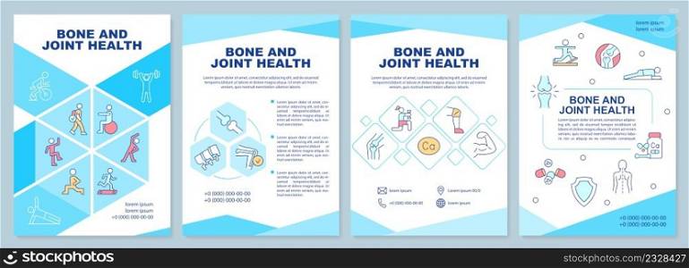 Bone and joint health blue brochure template. Increasing mobility. Leaflet design with linear icons. 4 vector layouts for presentation, annual reports. Arial-Black, Myriad Pro-Regular fonts used. Bone and joint health blue brochure template