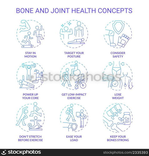 Bone and joint health blue gradient concept icons set. Healthy lifestyle choices idea thin line color illustrations. Stay in motion. Isolated symbols. Roboto-Medium, Myriad Pro-Bold fonts used. Bone and joint health blue gradient concept icons set