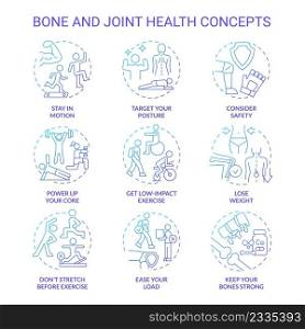 Bone and joint health blue gradient concept icons set. Healthy lifestyle choices idea thin line color illustrations. Stay in motion. Isolated symbols. Roboto-Medium, Myriad Pro-Bold fonts used. Bone and joint health blue gradient concept icons set