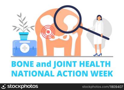 Bone and joint health national action week concept vector. Rheumatoid arthritis. Tiny doctor treat rheumatism, osteoarthritis.. Bone and joint health national action week concept vector. Rheumatoid arthritis.