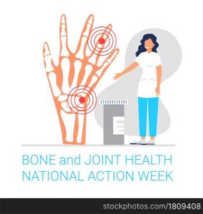 Bone and joint health national action week concept vector. Rheumatoid arthritis. Tiny doctor treat rheumatism, osteoarthritis.. Bone and joint health national action week concept vector. Rheumatoid arthritis.