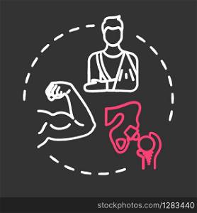 Bone and musculoskeletal oncology chalk RGB color chalk RGB color concept icon. Bone, muscle cancer treatment. Recovery from injuries idea. Vector isolated chalkboard illustration on black background