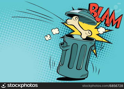 Bone dog flies in the trash. Cartoon comic illustration pop art retro style vector. Bone dog flies in the trash