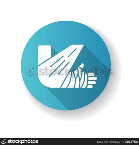 Bone fracture blue flat design long shadow glyph icon. Injured arm in plaster. Wounded limb in bandage. Hurt elbow. Trauma treatment. Healthcare. Medical condition. Silhouette RGB color illustration