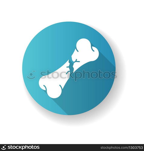 Bone fracture blue flat design long shadow glyph icon. Oblique fracture. Accident. Hurt body part. Trauma treatment. Healthcare. Medical condition. Emergency. Silhouette RGB color illustration