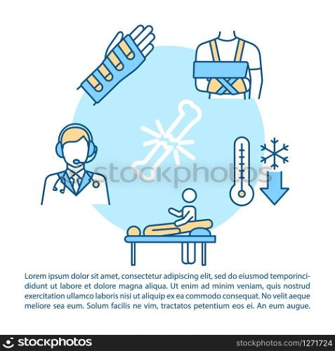 Bone fracture first aid concept icon with text. Trauma treatment recommendations, injury therapy PPT page vector template. Brochure, magazine, booklet design element with linear illustrations