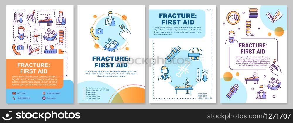Bone fracture first aid, immobilizing and bandaging brochure template. Flyer, booklet, leaflet print, cover design with linear icons. Vector layouts for magazines, annual reports, advertising posters