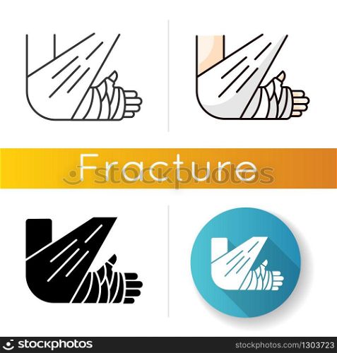 Bone fracture icon. Injured arm in plaster. Wounded limb in bandage. Hurt elbow. Trauma treatment. Healthcare. Medical condition. Linear black and RGB color styles. Isolated vector illustrations