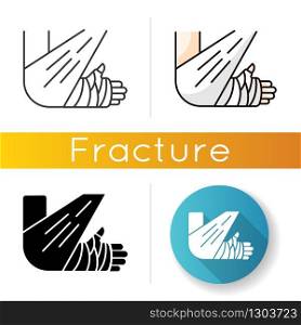Bone fracture icon. Injured arm in plaster. Wounded limb in bandage. Hurt elbow. Trauma treatment. Healthcare. Medical condition. Linear black and RGB color styles. Isolated vector illustrations