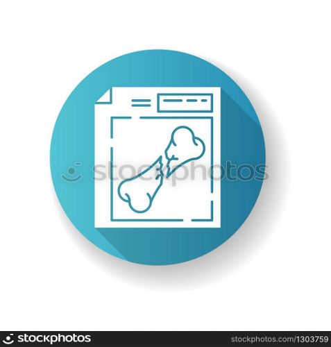 Bone fracture X-ray scan blue flat design long shadow glyph icon. Patient medical record. Broken bone. Hospital, clinic documentation. Injury examination. Diagnosis. Silhouette RGB color illustration