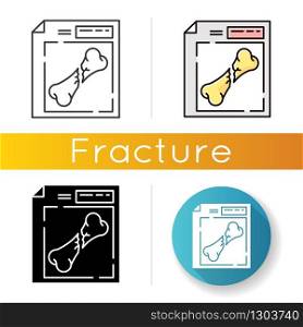 Bone fracture X-ray scan icon. Patient medical record. Broken bone treatment. Hospital documentation. Injury examination. Diagnosis. Linear black and RGB color styles. Isolated vector illustrations