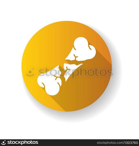 Bone fracture yellow flat design long shadow glyph icon. Comminuted, segmental fracture. Accident. Hurt body part. Trauma treatment. Healthcare. Medical condition. Silhouette RGB color illustration