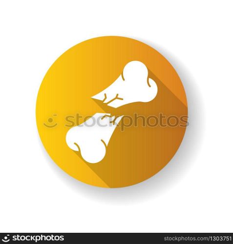 Bone fracture yellow flat design long shadow glyph icon. Oblique displaced fracture. Hurt body part. Trauma treatment. Healthcare. Medical condition. Emergency. Silhouette RGB color illustration