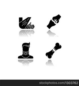 Bone fractures drop shadow black glyph icons set. X-ray scan. Spine dislocation. Broken neck. Surgery. Open fracture. Limb and body injuries. Healthcare. Isolated vector illustrations on white space