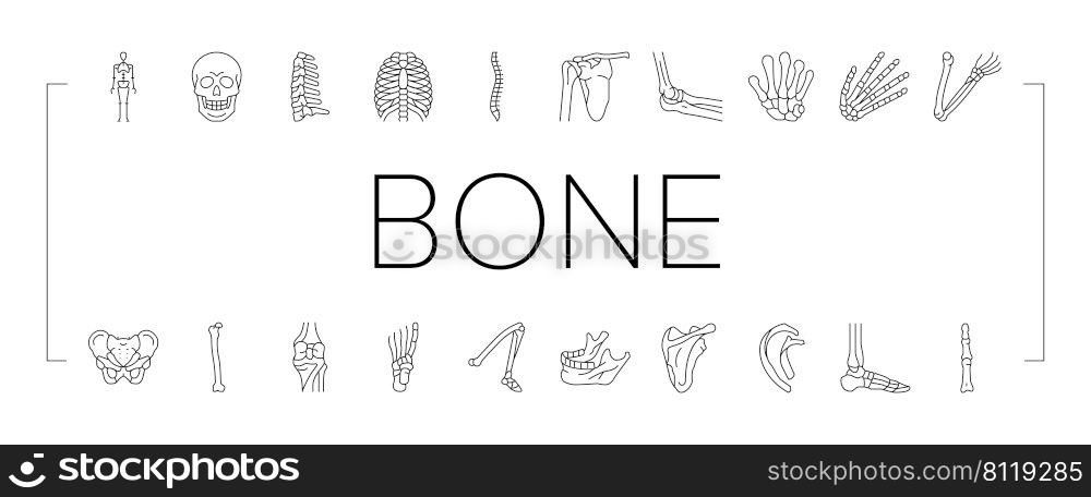 Bone Human Skeleton Structure Icons Set Vector. Arms And Leg Body Bone Human, Chest And Neck, Shoulder And Finger, Knee And Skull. Anatomy Skeletal System And Medicine Black Contour Illustrations. Bone Human Skeleton Structure Icons Set Vector