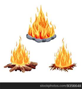 Bonefire or c&fire. Orange fire and flame. Element of a hike. Heat and hot object. Cartoon flat illustration. Bonefire or c&fire. Orange fire and flame.