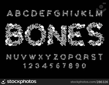 Bones font. Letters anatomy. Skeleton ABC. Skull and spine. Jaw and pelvis. Hell Scary alphabet 