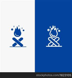 Bonfire, C&fire, C&ing, Fire Line and Glyph Solid icon Blue banner
