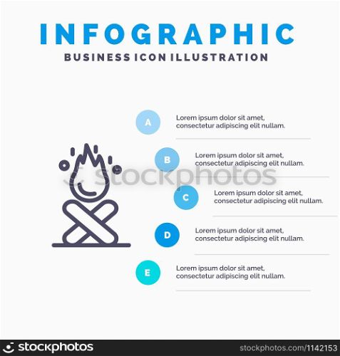 Bonfire, Campfire, Camping, Fire Blue Infographics Template 5 Steps. Vector Line Icon template