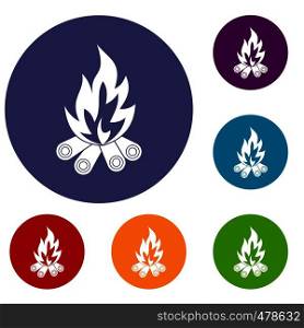 Bonfire icons set in flat circle red, blue and green color for web. Bonfire icons set