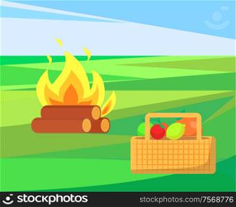 Bonfire with basket and apples, fruits and veggies vector. Container with vegetables, meal harvest of summer. Outdoor activities, camp and picnic. Bonfire with Basket and Apples, Fruits and Veggies