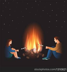 Bonfire with boy and girl roasting marshmallow on fire at camping site, couple man and women sitting around campfire. Vector illustration. Bonfire with boy and girl cooking marshmallow