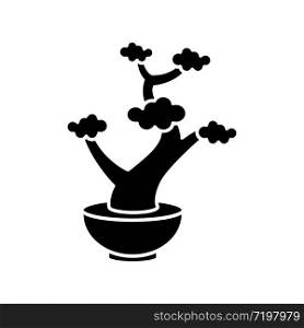 Bonsai black glyph icon. Tiny cultivated potted tree. Decorative gardening. Flowerpot with dwarf plant with foliage on branches. Silhouette symbol on white space. Vector isolated illustration