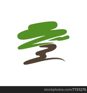 Bonsai garden tree icon, Japanese pine silhouette in calligraphy vector. Japan bonsai branch in oriental Zen park, stylized calligraphic symbol of gardening and horticulture designing. Bonsai garden tree icon, Japanese pine calligraphy
