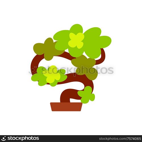 Bonsai Japanese tree vector, plant grown in pot isolated icon. Natural flora closeup, oriental style of decoration, greenery foliage with trunk bush. Bonsai Japanese Tree, Plant Grown in Pot Icon