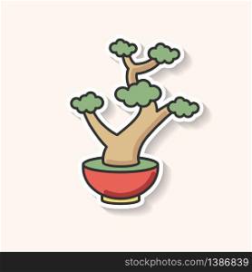 Bonsai patch. Tiny cultivated potted tree. Decorative gardening as hobby. Flowerpot with dwarf plant with foliage on branches. RGB color printable sticker. Vector isolated illustration. Bonsai patch. Tiny cultivated potted tree