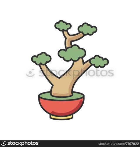 Bonsai RGB color icon. Tiny cultivated potted tree. Decorative gardening. Flowerpot with dwarf plant with foliage on branches. Souvenir form Japan. Asian culture. Isolated vector illustration