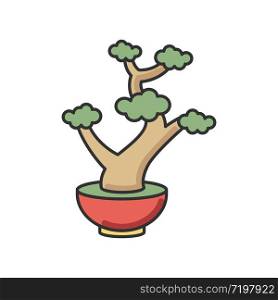 Bonsai RGB color icon. Tiny cultivated potted tree. Decorative gardening. Flowerpot with dwarf plant with foliage on branches. Souvenir form Japan. Asian culture. Isolated vector illustration