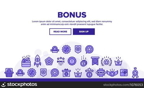 Bonus Loyalty Landing Web Page Header Banner Template Vector. Dollar Mark On Rocket, Coins And Credit Card, Present Box And Crown Bonus Illustration. Bonus Loyalty Landing Header Vector