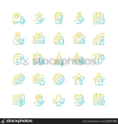 Bonuses gradient linear vector icons set. Special payment. Employee reward. Recognize customer loyalty. Compensation. Thin line contour symbol designs bundle. Isolated outline illustrations collection. Bonuses gradient linear vector icons set