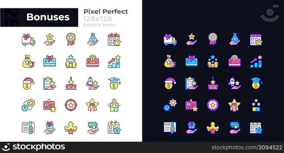 Bonuses pixel perfect light and dark theme color icons set. Special payment. Simple filled line drawings. Bright cliparts on white and black. Editable stroke. Montserrat Bold, Light fonts used. Bonuses pixel perfect light and dark theme color icons set