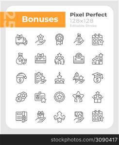 Bonuses pixel perfect linear icons set. Special payment. Employee reward. Customizable thin line symbols. Isolated vector outline illustrations. Editable stroke. Montserrat Bold, Light fonts used. Bonuses pixel perfect linear icons set