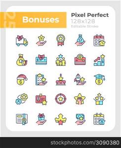 Bonuses pixel perfect RGB color icons set. Special payment. Employee reward. Isolated vector illustrations. Simple filled line drawings collection. Editable stroke. Montserrat Bold, Light fonts used. Bonuses pixel perfect RGB color icons set