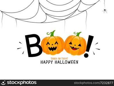 Boo! lettering design with smiling pumpkin character. Trick or Treat, Happy Halloween day. Vector design for greeting card, print, invitation, banner, poster. Illustration isolated on white background.