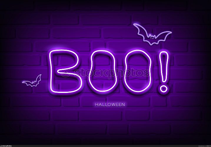 Boo message and bat neon light purple, happy halloween concept design,on block wall black background, Eps 10 vector illustration