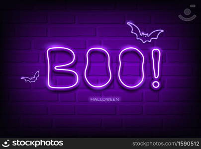 Boo message and bat neon light purple, happy halloween concept design,on block wall black background, Eps 10 vector illustration