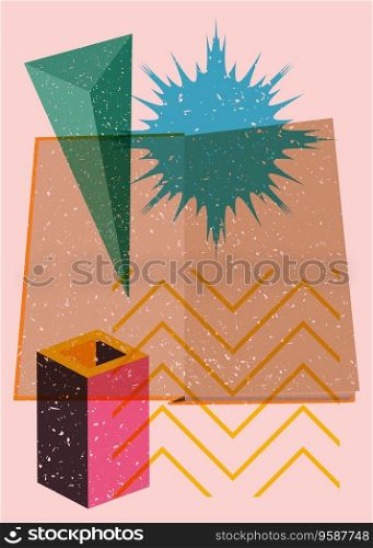 Book and colorful geometric shapes. Educational Object in trendy riso graph design. Geometry elements abstract risograph print texture style.