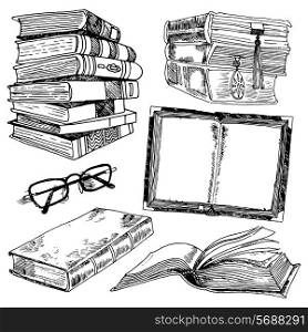 Book and glasses library collection black sketch decorative icons set isolated vector illustration