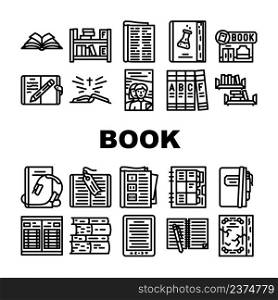 Book And Magazine Press For Read Icons Set Vector. Bookmark Accessory For Reading Encyclopedia And Holy Bible, Diary And Notebook, Educational And Electronic Audio Book Black Contour Illustrations. Book And Magazine Press For Read Icons Set Vector