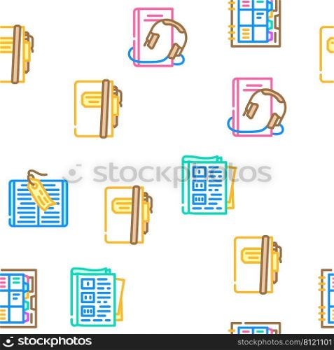 Book And Magazine Press For Read Vector Seamless Pattern Color Line Illustration. Book And Magazine Press For Read Icons Set Vector