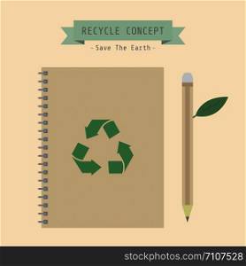 book and pencil, conservation concept, recycle, reuse, vector illustration