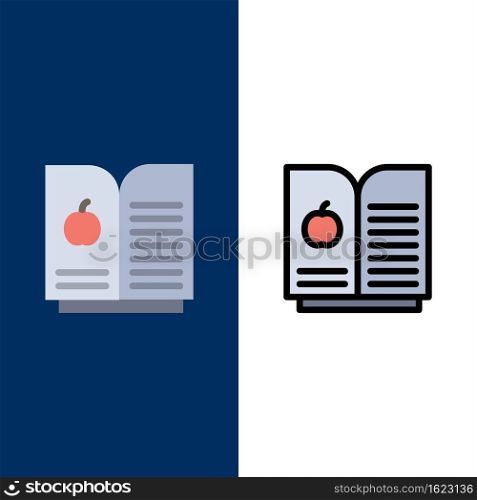 Book Apple, Science  Icons. Flat and Line Filled Icon Set Vector Blue Background