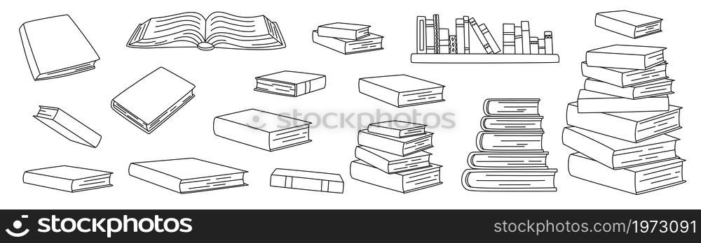 Book bundle. School textbooks sketch. Outline black and white simple vector illustration set. Books on the shelf