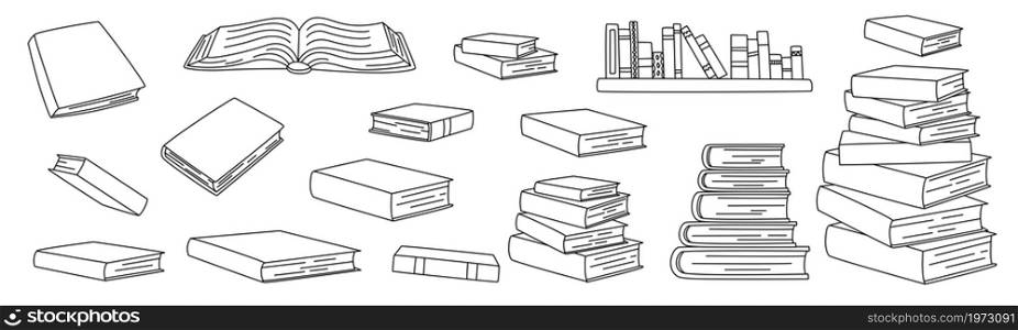 Book bundle. School textbooks sketch. Outline black and white simple vector illustration set. Books on the shelf